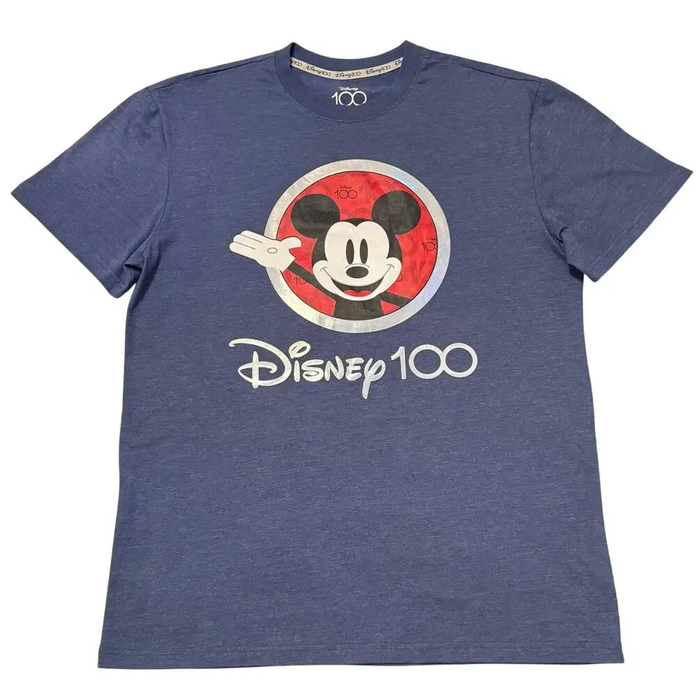 Disney 100 Mickey Mouse Mens Shirt Size Large Blue Short Sleeve Graphic T Shirt